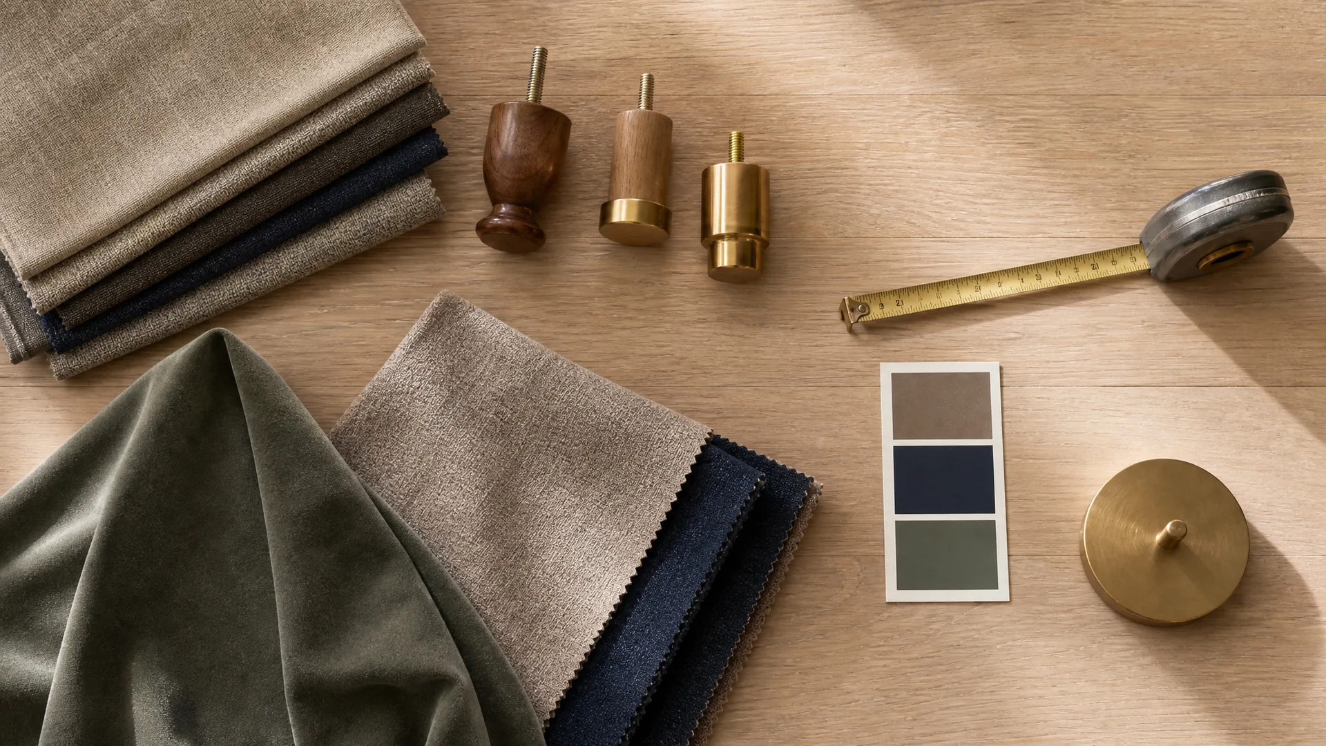 Furniture materials, fabric swatches, and hardware on a work surface.